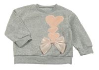 Šedá melírovaná mikina se srdíčky a mašlí