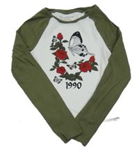 Bílo-khaki žebrované triko s motýlem a růžemi Primark