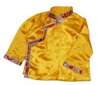 Kostým - žluté saténové zavinovací triko s červeným lemem 