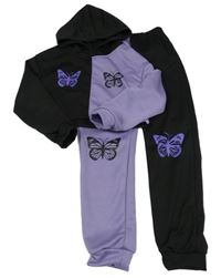 2 set - fialovo-černá crop mikina s motýlky a kapucí + tepláky shein