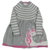 Šedo-bílé pruhované svetrové šaty s jednorožcem 