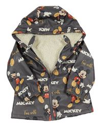 Šedá voděodolná zateplená podzimní bunda s Mickeym a kapucí Tu