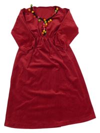 Vínové sametové pruhované šaty s bambulemi