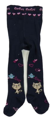 Tmavomodré punčocháče se srdíčky a kočičkami 