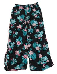 Černo-růžovo-zelené květované culottes kalhoty C&A