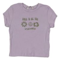 Lila žebrované crop tričko s nápisy a květy H&M