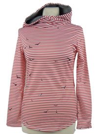 Dámská červeno-bílá pruhovaná mikina s ptáčky a kapucí Miss Look 