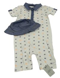 2set- bílo-modrý overal s tygry+ modrý klobouk George