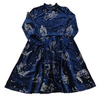 Tmavomodré sametové šaty s obrázky Shein