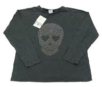 Nové - tmavošedé triko s lebkou z kamínků Zara
