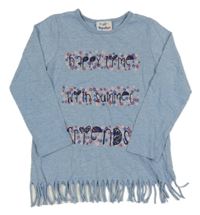 Modré triko s kytičkami a nápisem Topolino