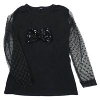 Černé triko s tylovými rukávy a 3D mašlí s flitry