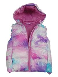 Růžovo-modrá batikovaná šusťáková zateplená vesta s kapucí Dunnes  