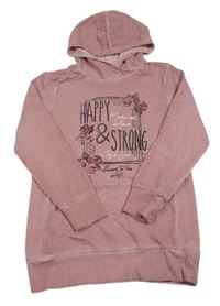 Starorůžová šisovaná dlouhá mikina s nápisy a růžemi a kapucí YIGGA