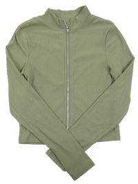 Khaki žebrovaná propínací crop mikina New Look