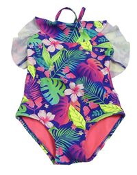 Tmavomodré jednodílné plavky s květy s volánky H&M