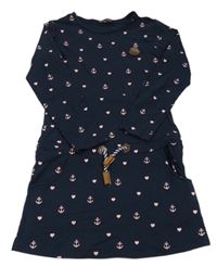 Tmavomodré bavlněné šaty s kotvami a páskem
