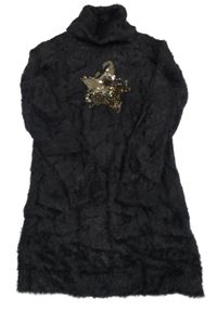 Tmavošedé chlupaté svetrové šaty s hvězdou z pajetek a rolákem Inextenso 