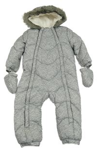 Šedá melírovaná šusťáková zimní kombinéza s kapucí + rukavice F&F