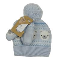 Nové - Světlemodrá pletená čepice s medvídky + rukavice Nutmeg