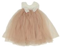 Bílo-starorůžové krajkovo/tylové slavnostní dlouhé šaty 