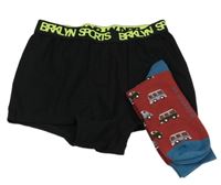 2set - Černé boxerky s nápisy + červeno-modré ponožky s auty 