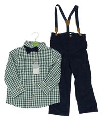 Nové - 3set - Tmavomodré manšestrové kalhoty + kostkovaná košile + motýlek Primark