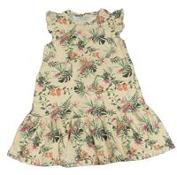 Světlebéžové šaty s kytičkami a lístečky a volánky H&M