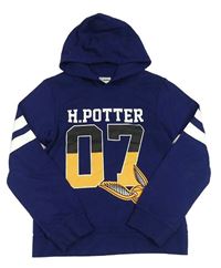 Tmavomodrá mikina s číslem a nápisem - Harry Potter a bílými pruhy a kapucí 