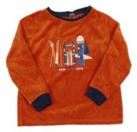 Tmavooranžovo/tmavomodrá sametová pyžamová mikina s lyžemi a saněmi a snowboardem OKaïdi