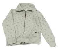 Světlebéžovošedá melírovaná propínací teplá mikina s ptáčky YIGGA