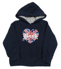 Tmavomodrá mikina se srdíčkem/vlajkou a kapsou a kapucí lupilu