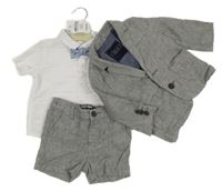 Nové - 4Set - Šedé melírované lněné sako + kraťasy + bílá košile + modrý motýlek Next