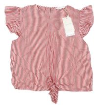 Nové - červeno-bílá pruhovaná crop halenka s uzlem a volánky MANGO