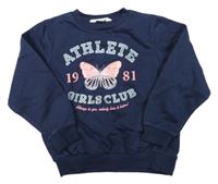 Tmavomodrá mikina s motýlkem a nápisy H&M