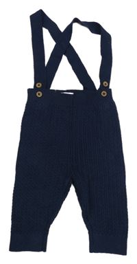 Tmavomodré žebrované vzorované pletené kalhoty s kšandami so cute