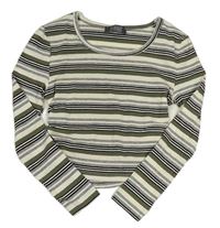 Šedo-černo-khaki pruhované žebrované crop triko Primark