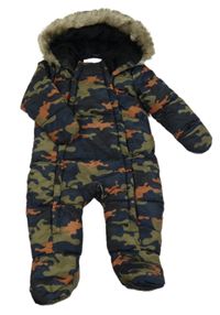 Khaki-černo-hnědá army šusťáková zimní kombinéza s kapucí Primark