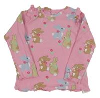 Růžové květované žebrované triko s králíky a volánky