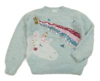 Světlemodrý chlupatý svetr s králíkem a kometou z flitrů F&F