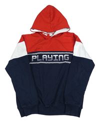 Červeno-tmavomodro-bílá mikina s nápisem a kapucí