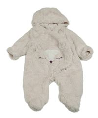 Pudrová kožešinová podšitá kombinéza s čumákem a kapucí