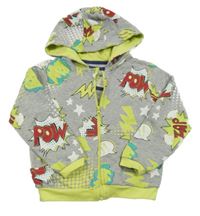 Šedá melírovaná propínací mikina s komiksovými nápisy a kapucí Kuniboo