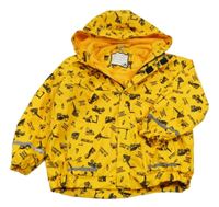 Hořčicová nepromokavá zateplená bunda se stavebními stroji a kapucí Kiki&Koko