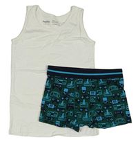 2set - Bílý nátělník + tmavozelené boxerky s ovladači