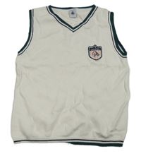 Bílá svetrová vesta se zeleným lemem a nášivkou 