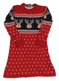 Červeno-tmavomodré vzorované pletené šaty se soby Lupilu