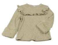 Béžové žebrované úpletové triko s volánkem a kožešinovým lemem River Island