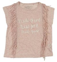 Růžové melírované lněné tričko s třásněmi a nápisem zn. Next