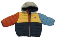 Tmavomodro-žluto-zeleno-cihlová šusťáková zimní bunda s kapucí Next